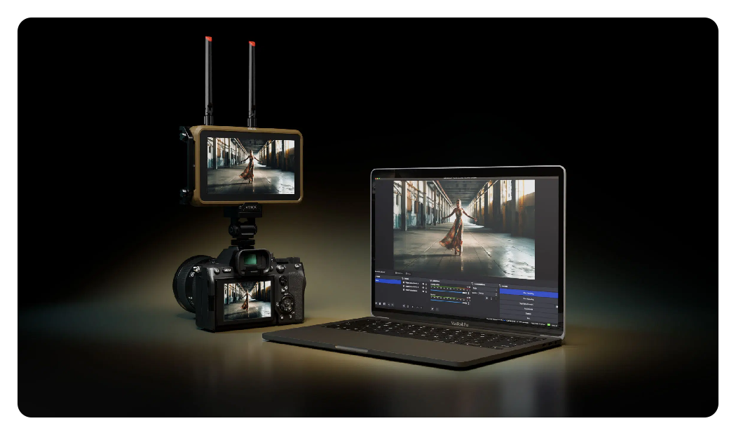 atomos ninja ultra connected to a camera next to a laptop